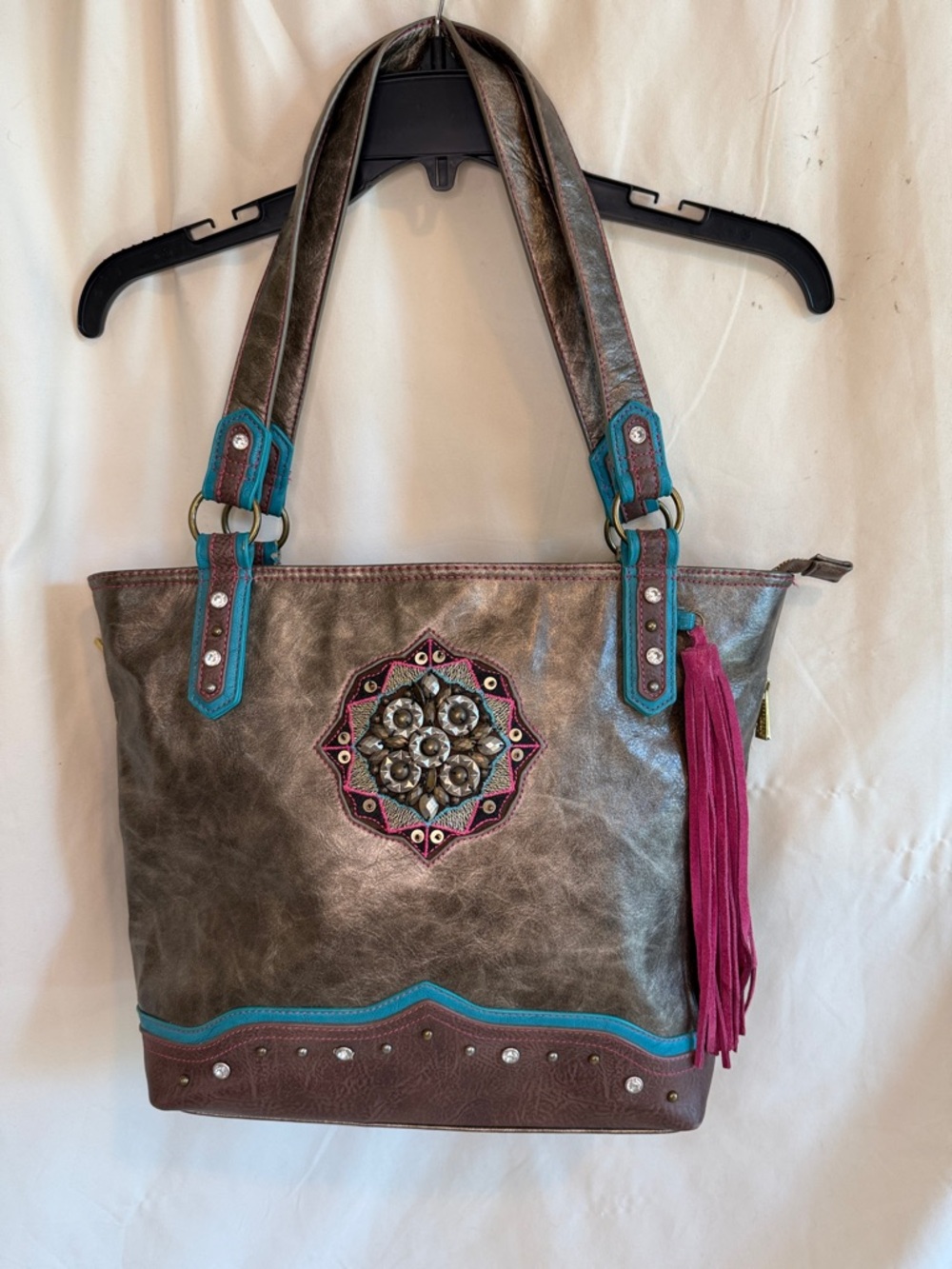 Catchfly concealed carry Metallic Gray Tote with Turquoise Trim and Pink Tassel